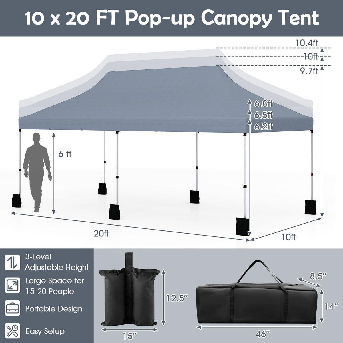 10 X 20 FT Pop up Canopy Tent Foldable Portable Outdoor Gazebo with Carry Bag-Gray-Canopies-DECOROLALA
