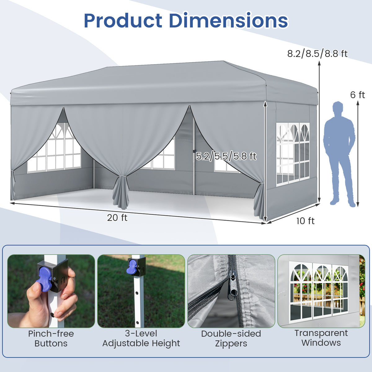 10 X 20 Feet Pop up Canopy Tent Instant Setup with 6 Sidewalls-Gray-Canopies-DECOROLALA