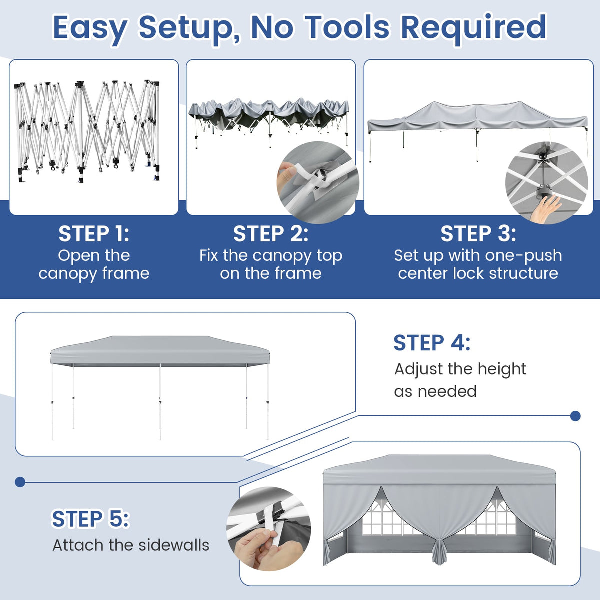10 X 20 Feet Pop up Canopy Tent Instant Setup with 6 Sidewalls-Gray-Canopies-DECOROLALA