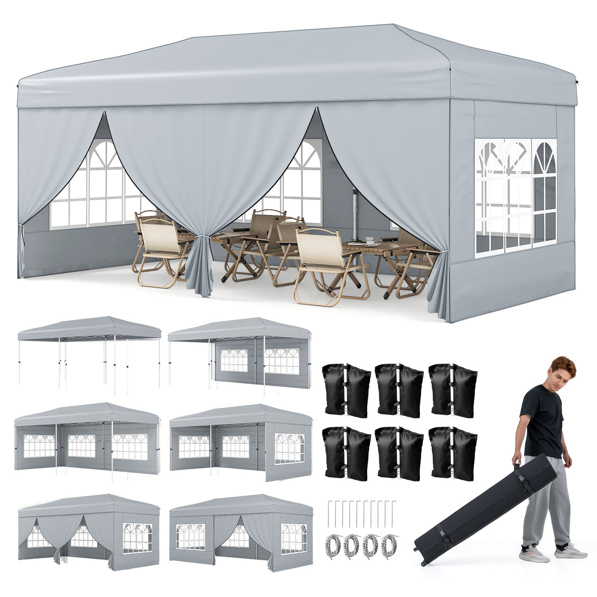 10 X 20 Feet Pop up Canopy Tent Instant Setup with 6 Sidewalls-Gray-Canopies-DECOROLALA