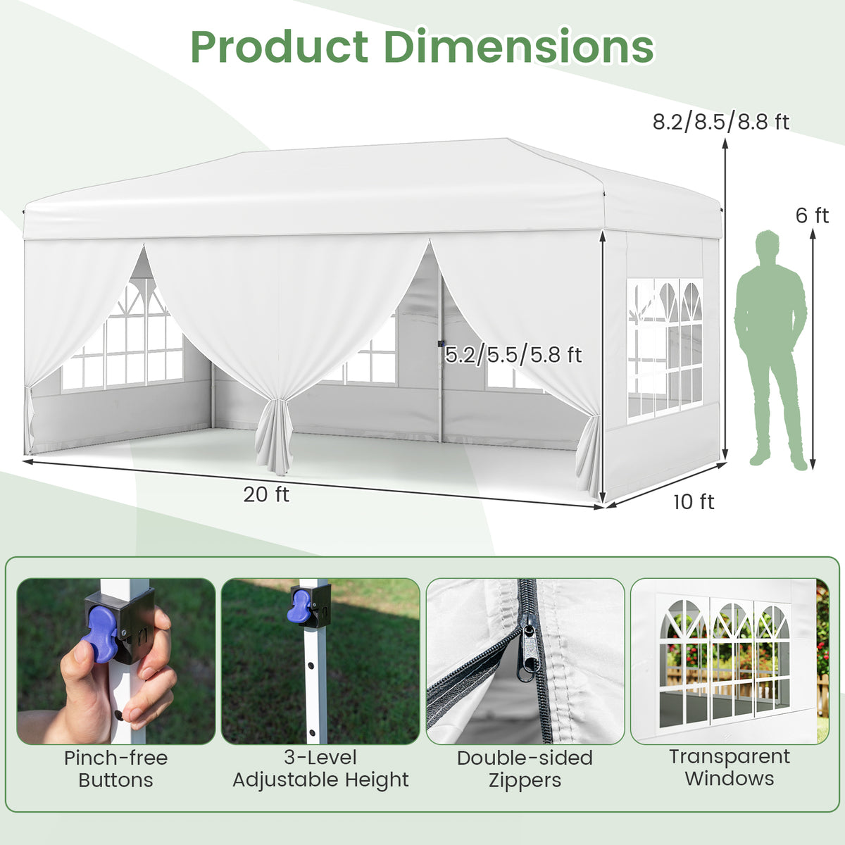 10 X 20 Feet Pop up Canopy Tent Instant Setup with 6 Sidewalls-White-Canopies-DECOROLALA