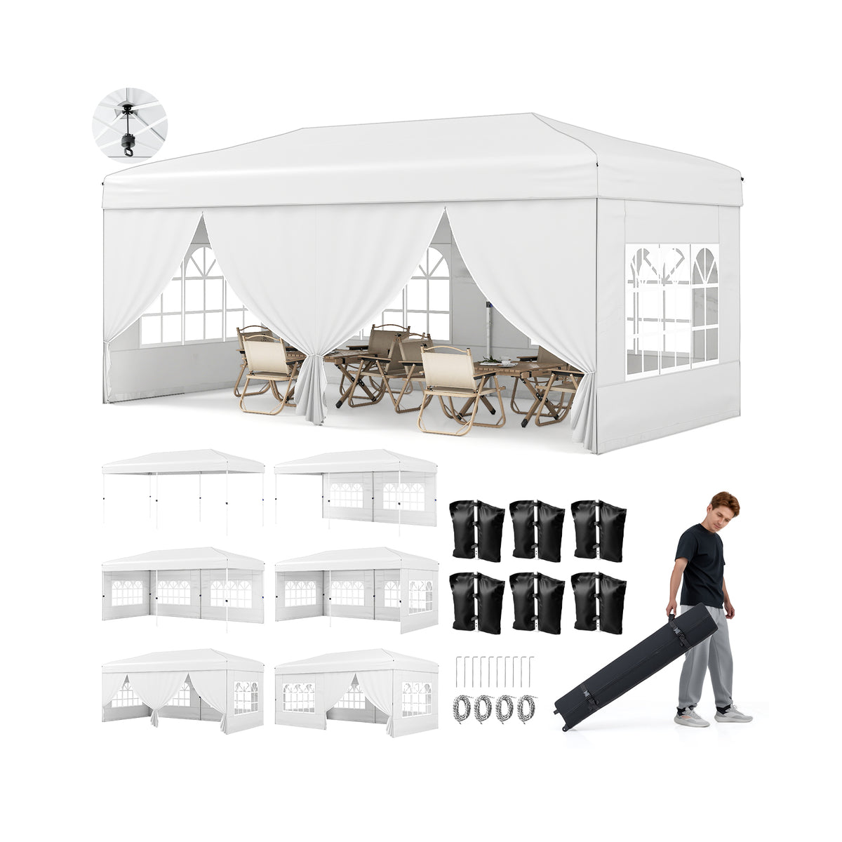10 X 20 Feet Pop up Canopy Tent Instant Setup with 6 Sidewalls-White-Canopies-DECOROLALA