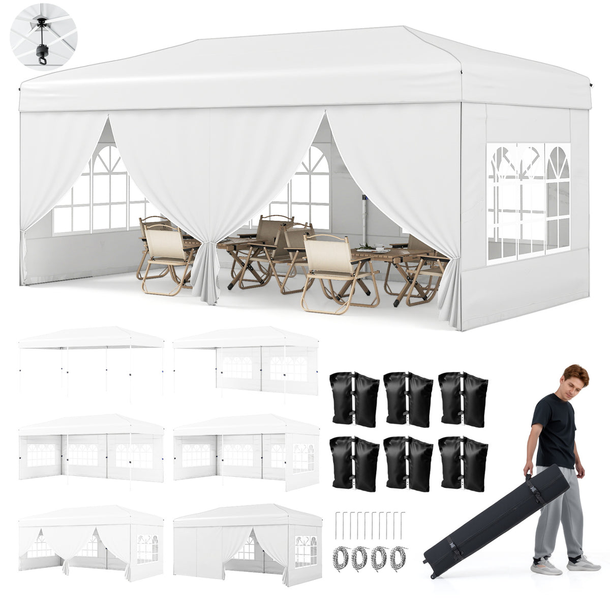10 X 20 Feet Pop up Canopy Tent Instant Setup with 6 Sidewalls-White-Canopies-DECOROLALA