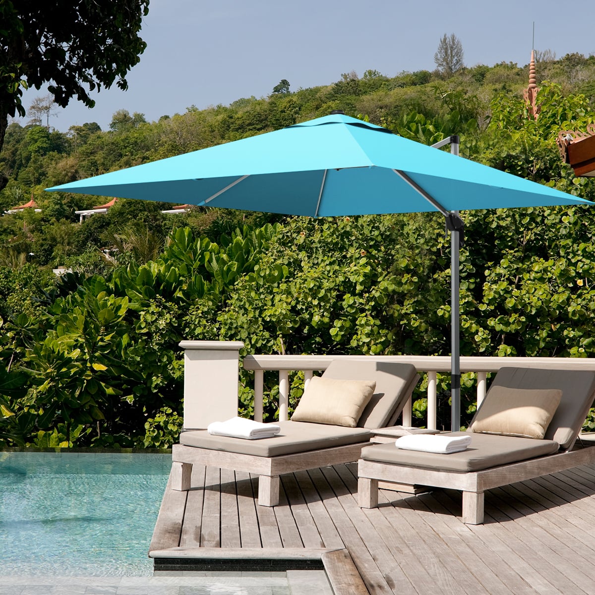 10 ft 360 Degree Tilt Aluminum Square Patio Offset Cantilever Umbrella without Weight Base-Blue-Outdoor Umbrellas-DECOROLALA