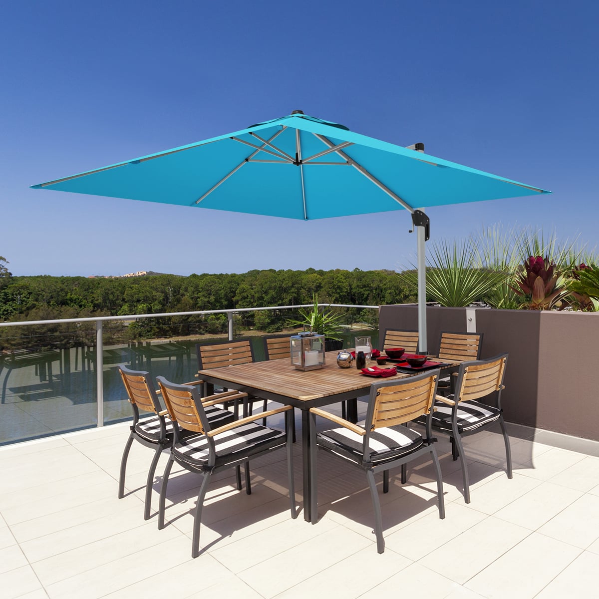 10 ft 360 Degree Tilt Aluminum Square Patio Offset Cantilever Umbrella without Weight Base-Blue-Outdoor Umbrellas-DECOROLALA