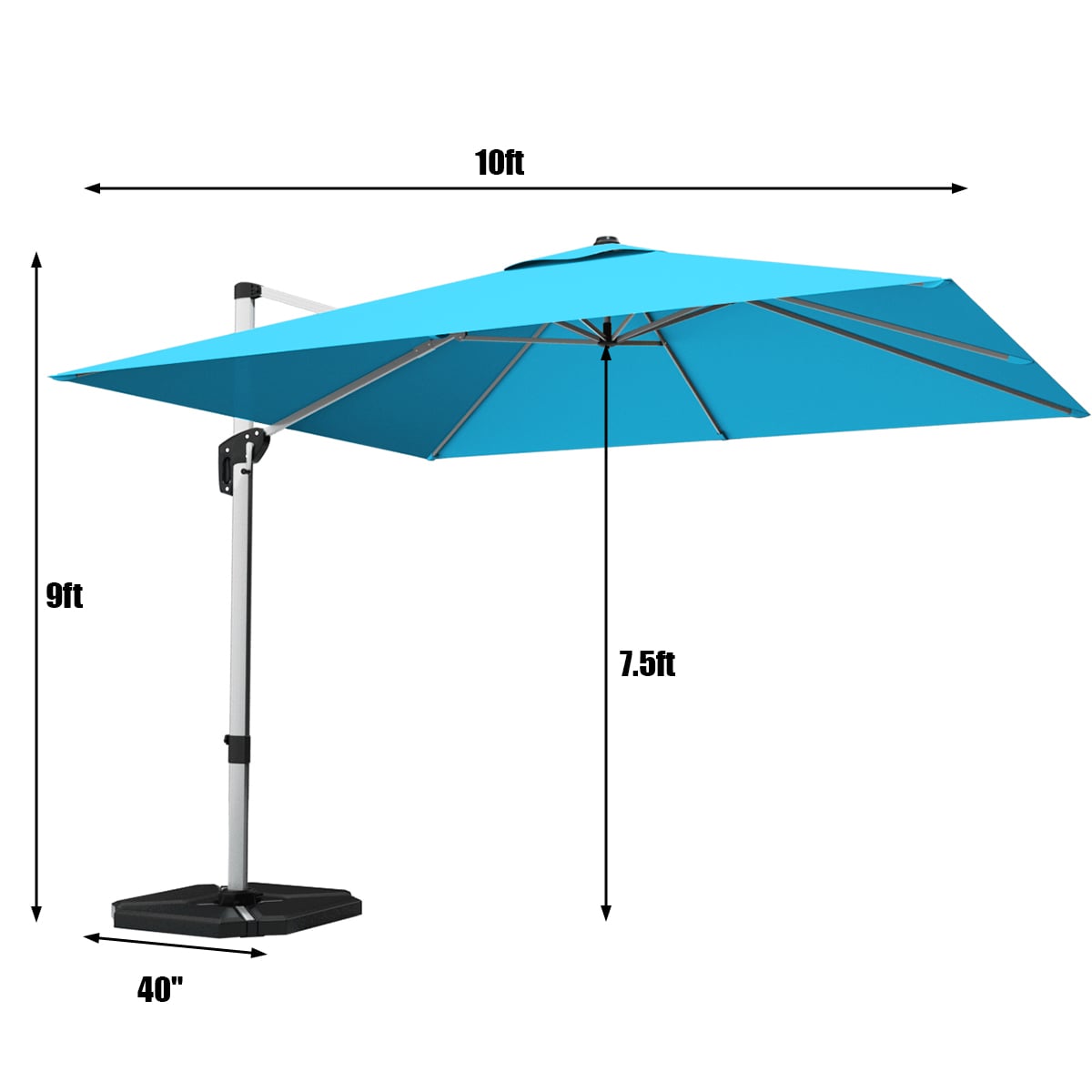10 ft 360 Degree Tilt Aluminum Square Patio Offset Cantilever Umbrella without Weight Base-Blue-Outdoor Umbrellas-DECOROLALA