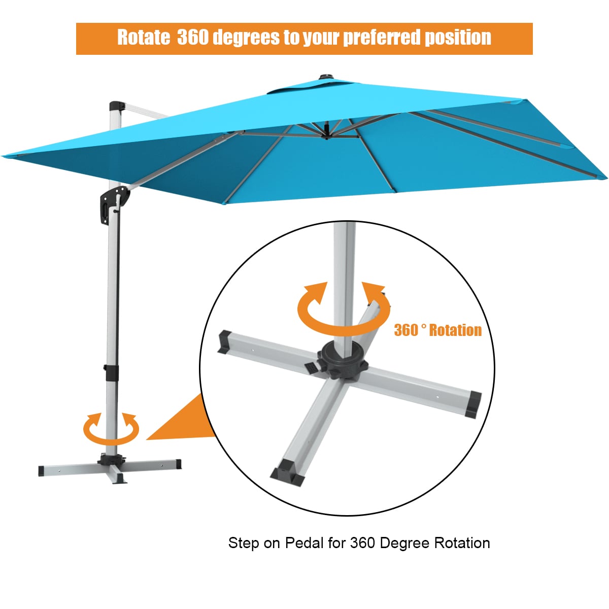 10 ft 360 Degree Tilt Aluminum Square Patio Offset Cantilever Umbrella without Weight Base-Blue-Outdoor Umbrellas-DECOROLALA
