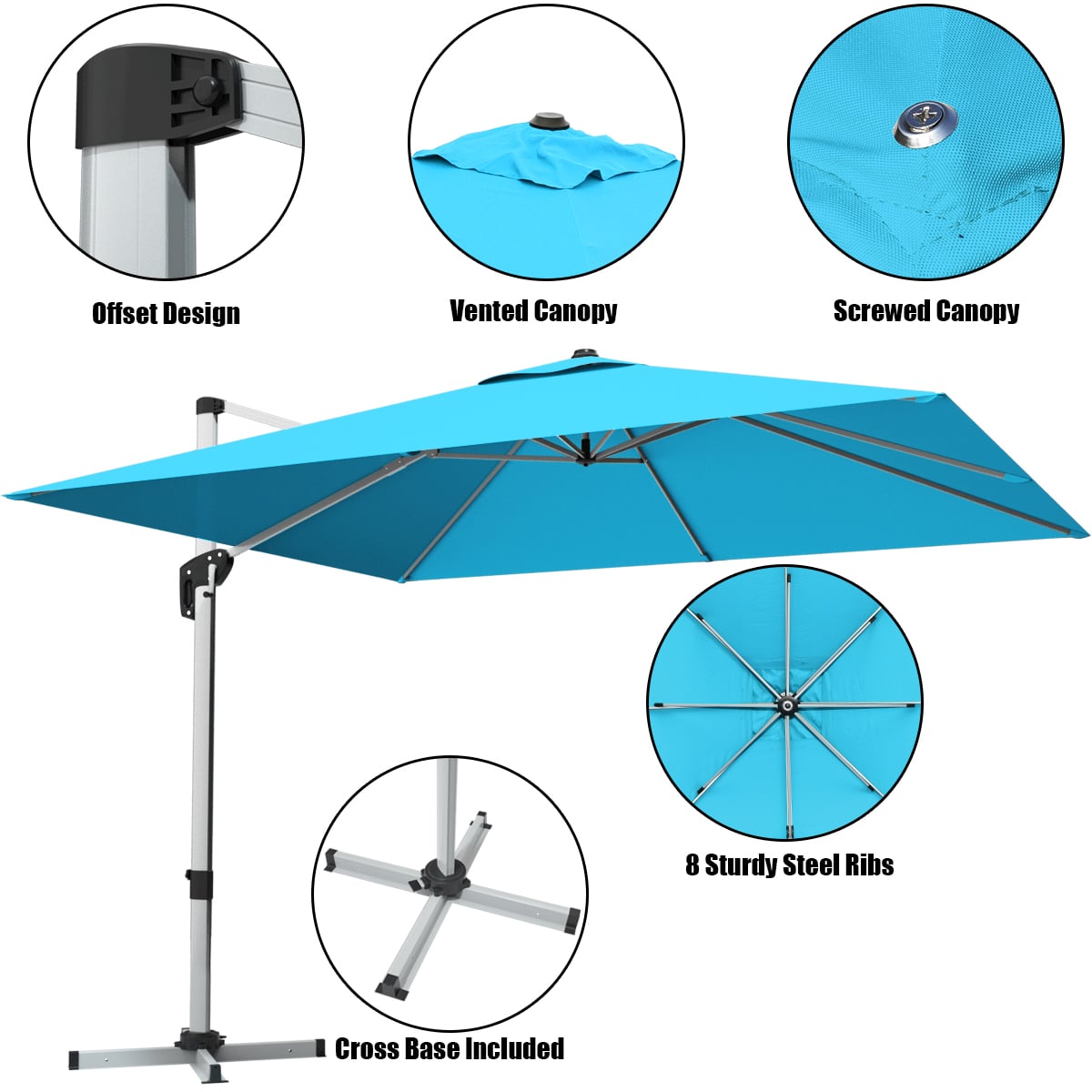 10 ft 360 Degree Tilt Aluminum Square Patio Offset Cantilever Umbrella without Weight Base-Blue-Outdoor Umbrellas-DECOROLALA