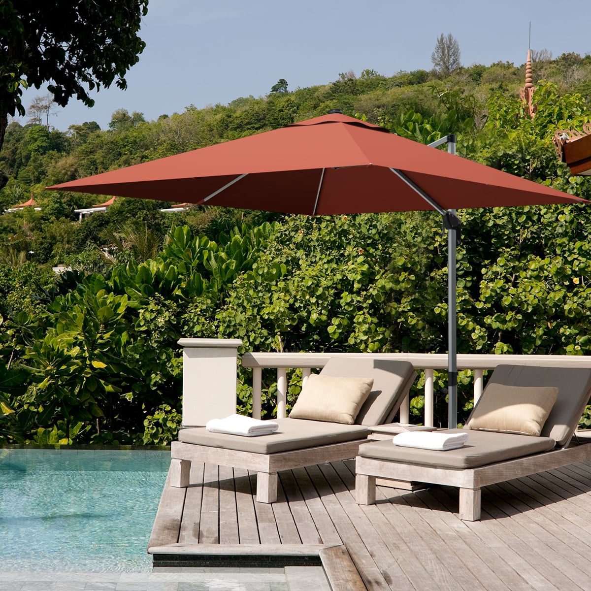 10 ft 360 Degree Tilt Aluminum Square Patio Offset Cantilever Umbrella without Weight Base-Brick red-Outdoor Umbrellas-DECOROLALA