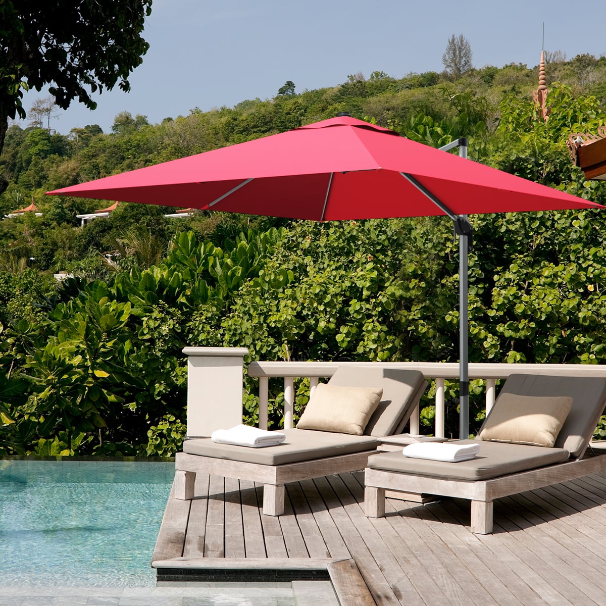 10 ft 360 Degree Tilt Aluminum Square Patio Offset Cantilever Umbrella without Weight Base-Burgundy-Outdoor Umbrellas-DECOROLALA