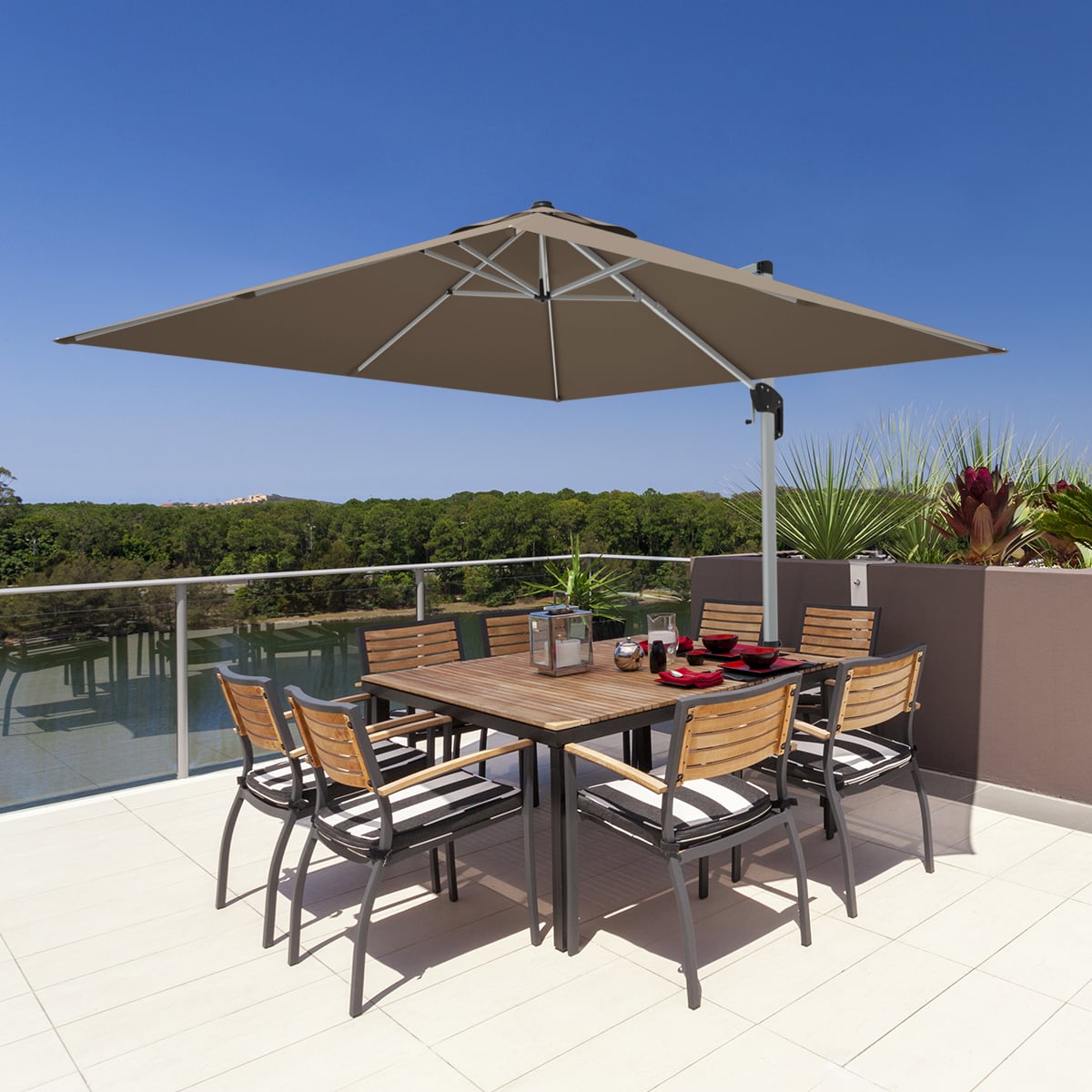 10 ft 360 Degree Tilt Aluminum Square Patio Offset Cantilever Umbrella without Weight Base-Tan-Outdoor Umbrellas-DECOROLALA