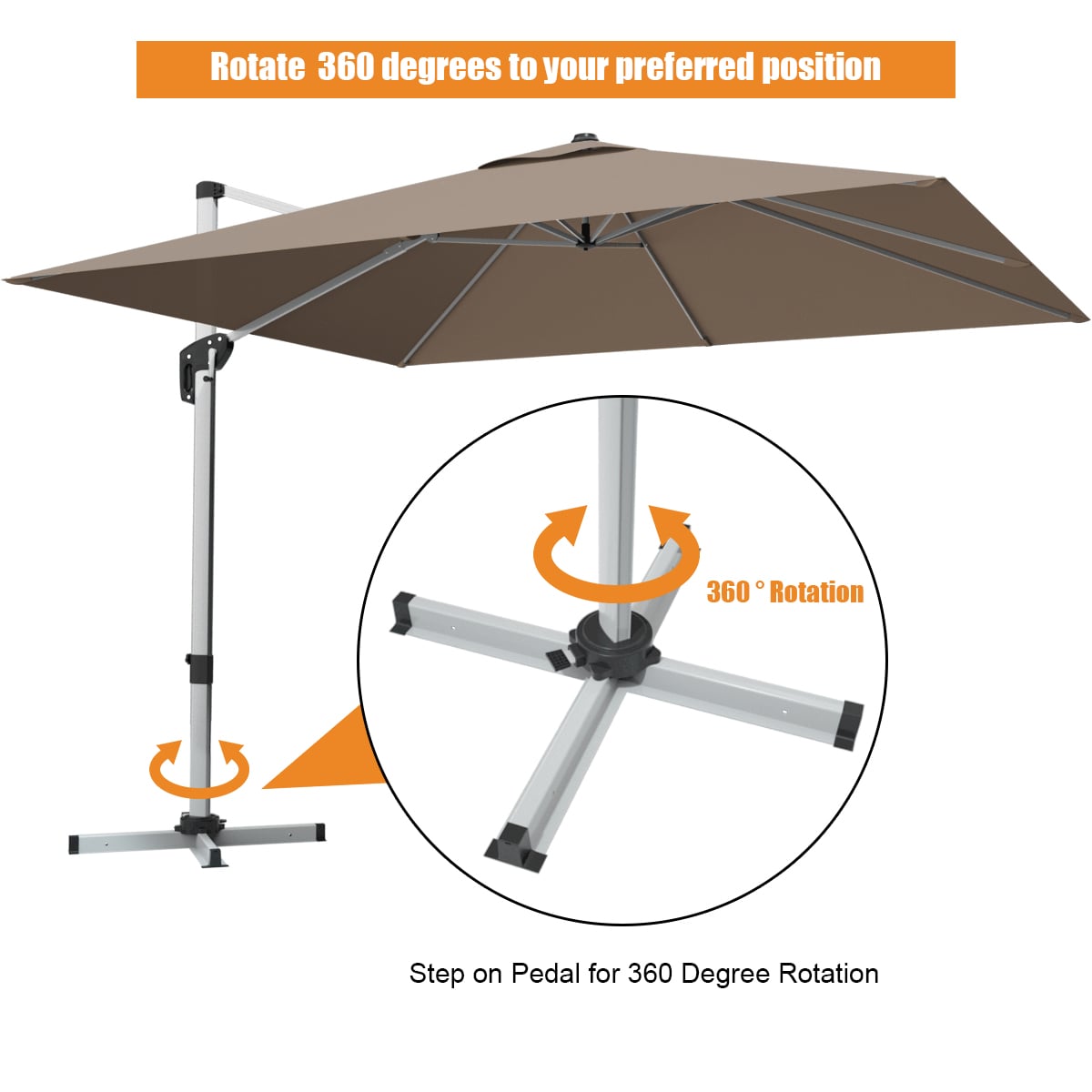 10 ft 360 Degree Tilt Aluminum Square Patio Offset Cantilever Umbrella without Weight Base-Tan-Outdoor Umbrellas-DECOROLALA