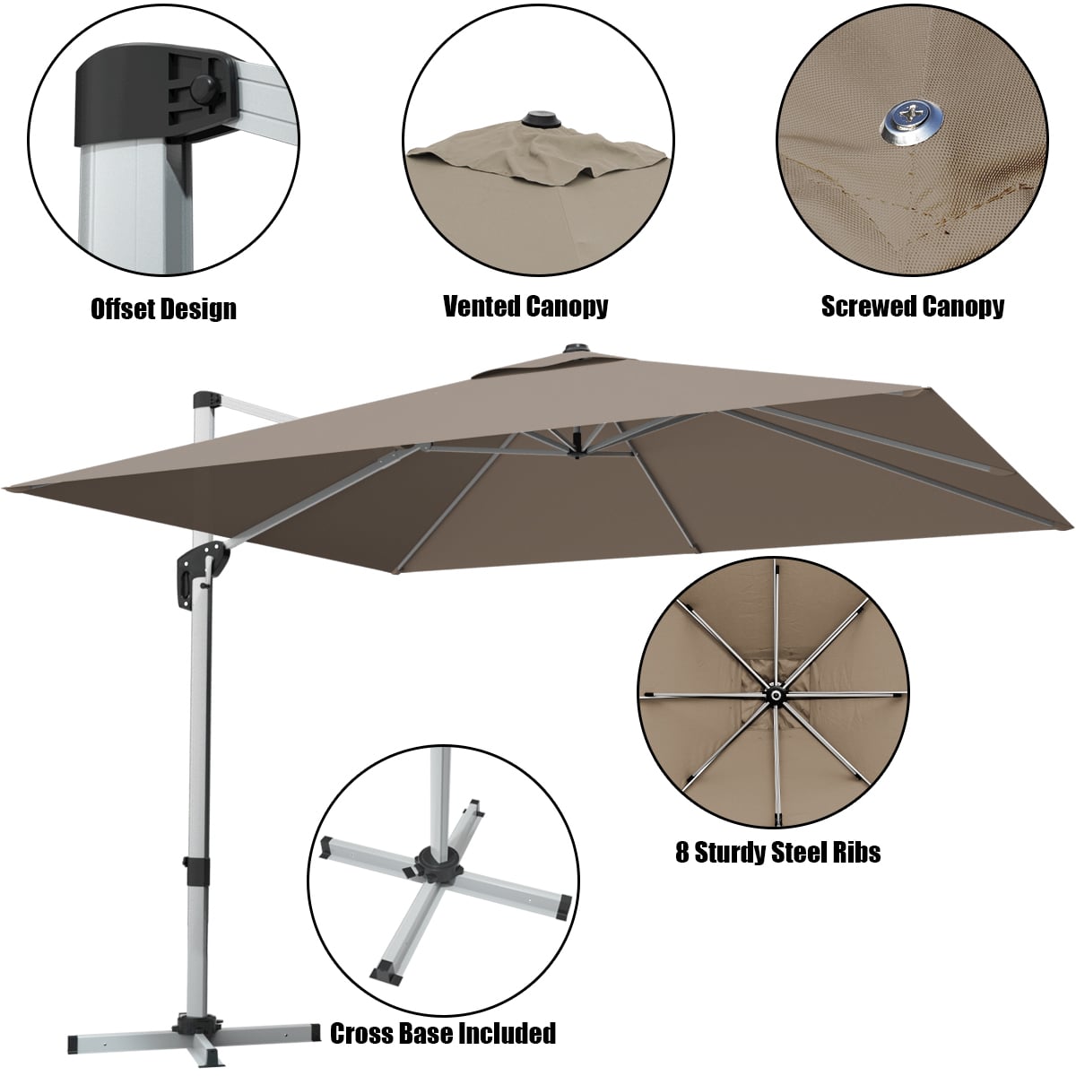 10 ft 360 Degree Tilt Aluminum Square Patio Offset Cantilever Umbrella without Weight Base-Tan-Outdoor Umbrellas-DECOROLALA
