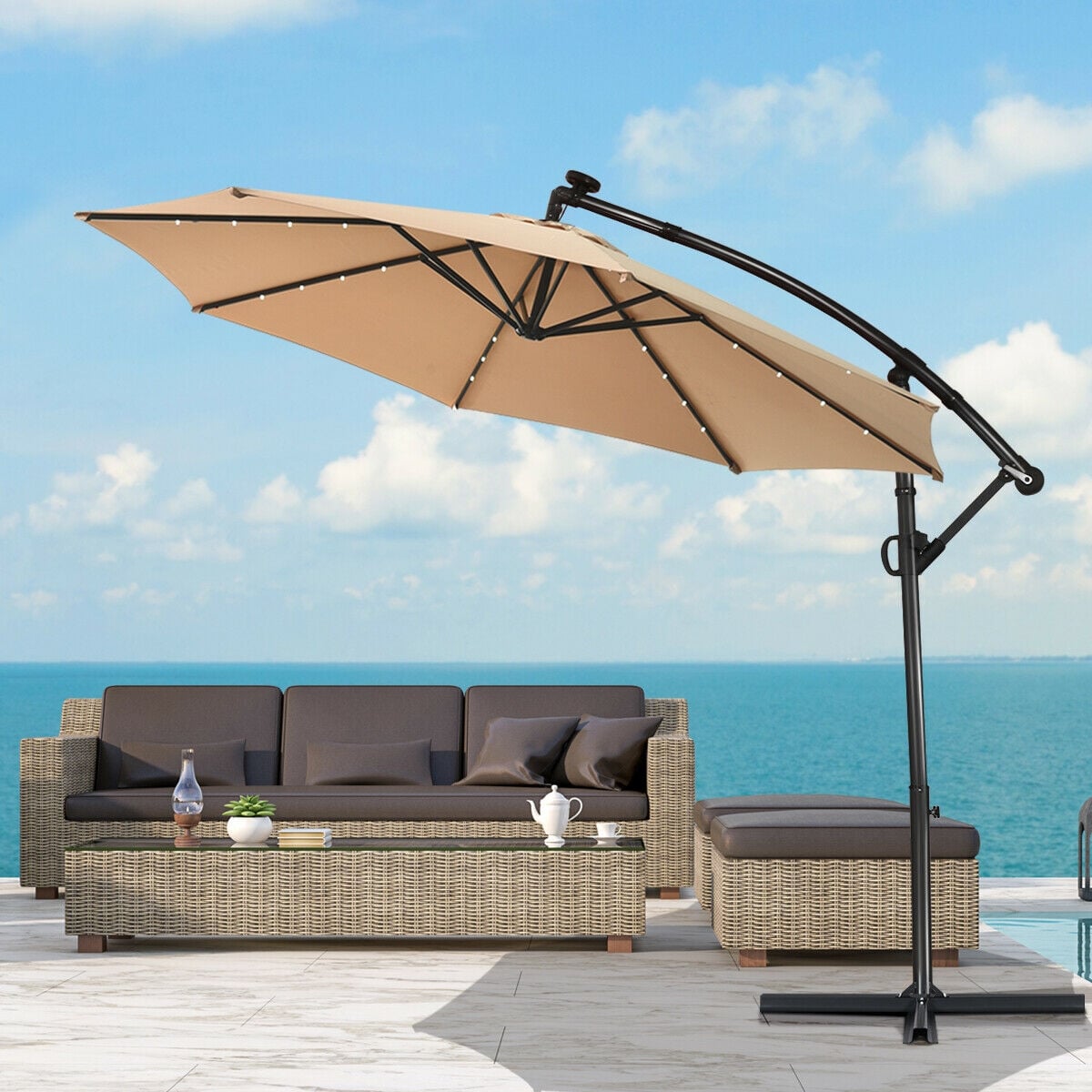 10 ft 360° Rotation Solar Powered LED Patio Offset Umbrella without Weight Base-Beige-Outdoor Umbrellas-DECOROLALA