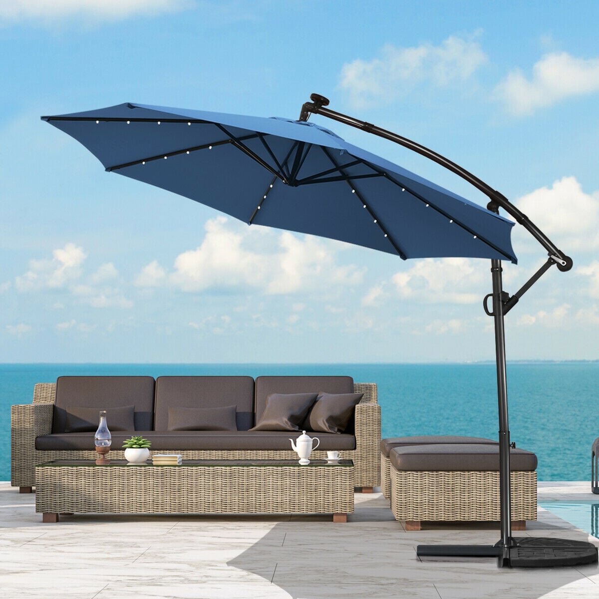 10 ft 360° Rotation Solar Powered LED Patio Offset Umbrella without Weight Base-Blue-Outdoor Umbrellas-DECOROLALA