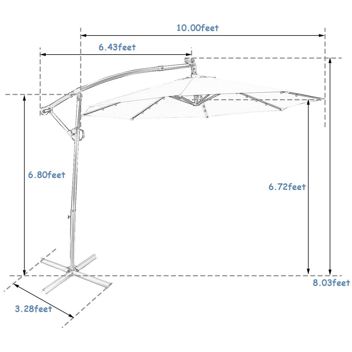 10 ft 360° Rotation Solar Powered LED Patio Offset Umbrella without Weight Base-Blue-Outdoor Umbrellas-DECOROLALA
