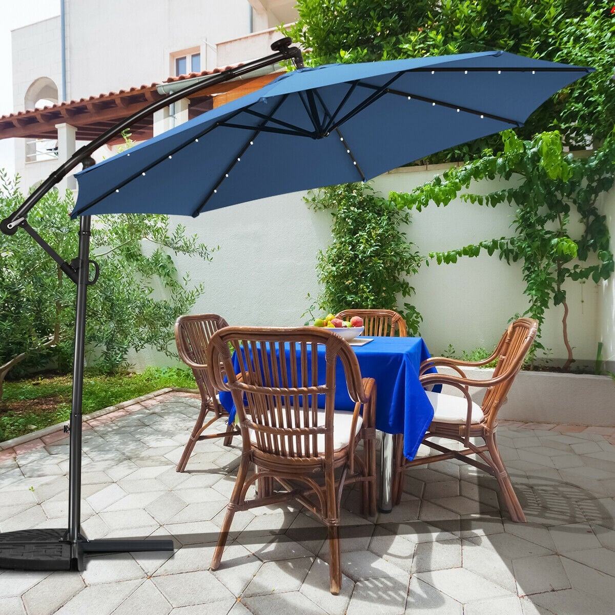 10 ft 360° Rotation Solar Powered LED Patio Offset Umbrella without Weight Base-Blue-Outdoor Umbrellas-DECOROLALA