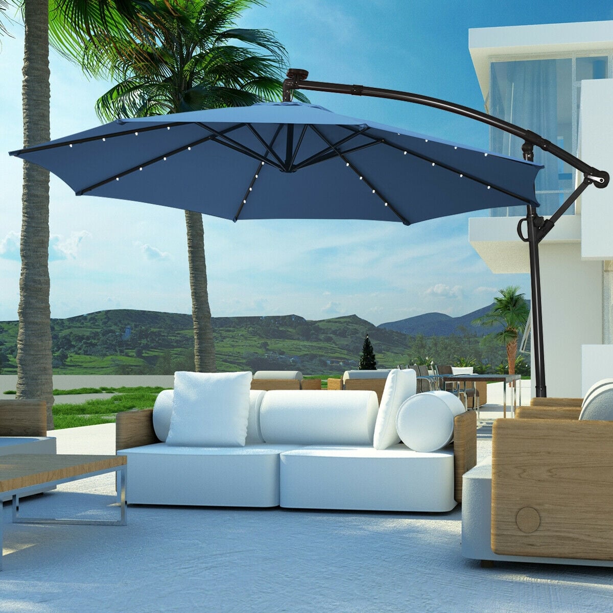 10 ft 360° Rotation Solar Powered LED Patio Offset Umbrella without Weight Base-Blue-Outdoor Umbrellas-DECOROLALA
