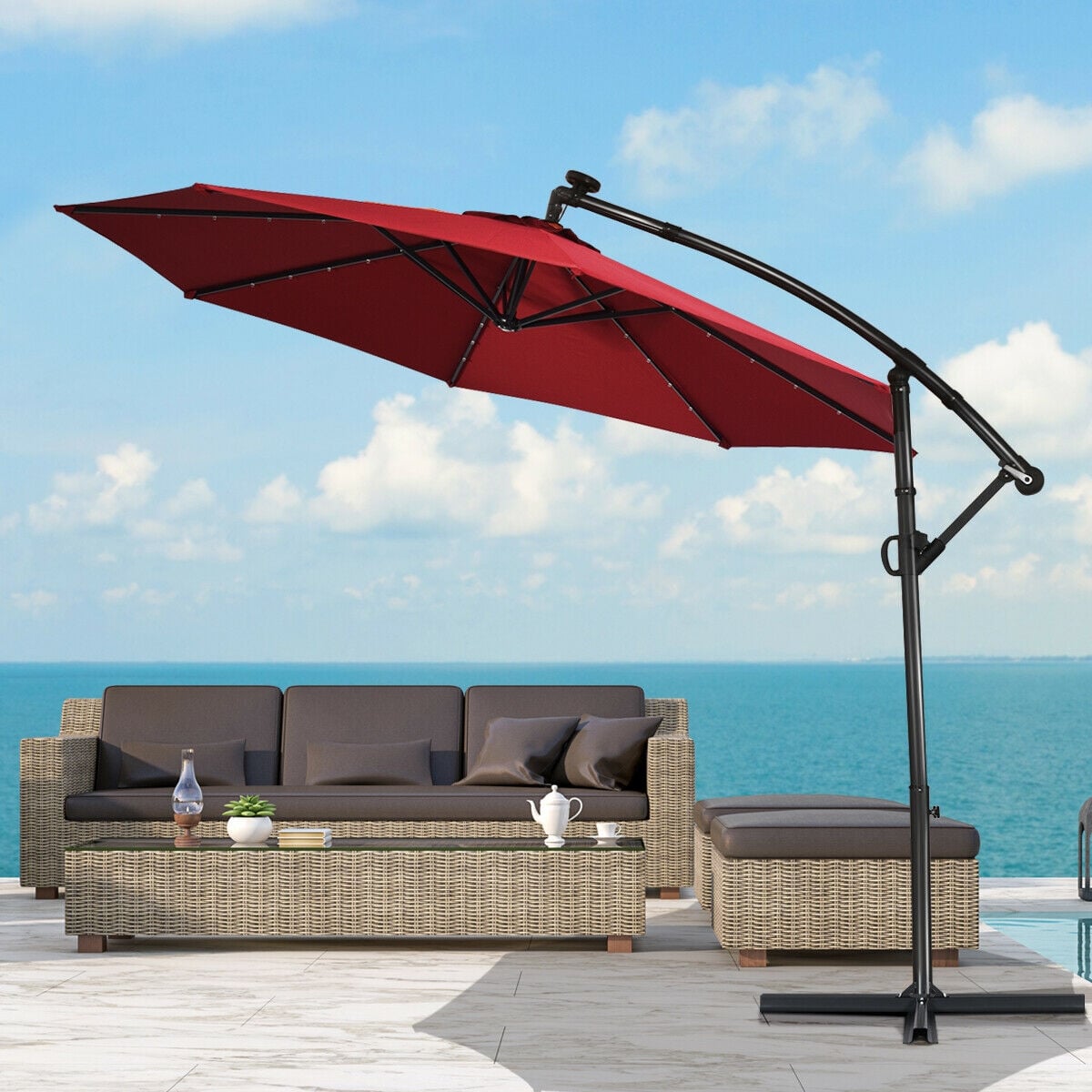 10 ft 360° Rotation Solar Powered LED Patio Offset Umbrella without Weight Base-Burgundy-Outdoor Umbrellas-DECOROLALA