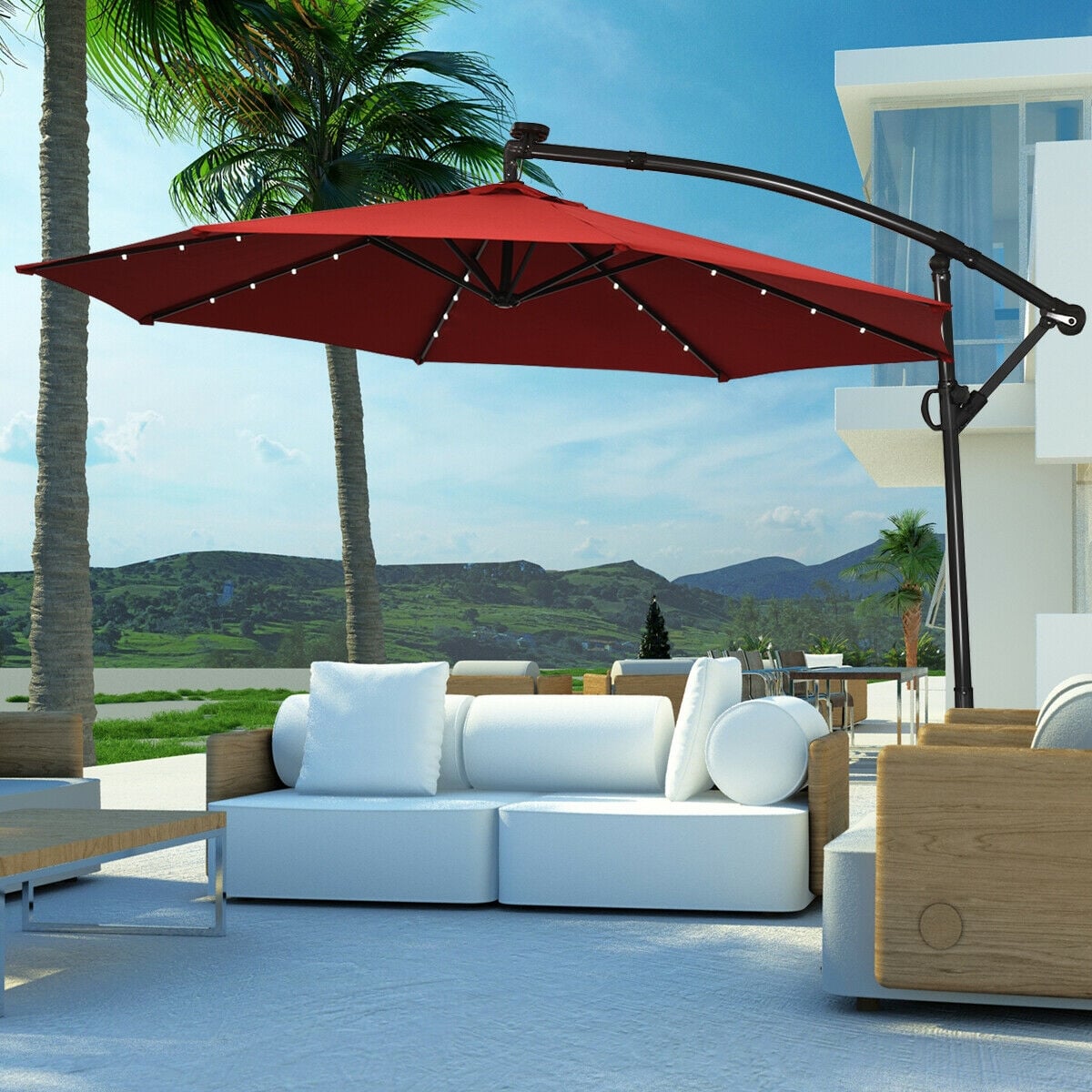 10 ft 360° Rotation Solar Powered LED Patio Offset Umbrella without Weight Base-Burgundy-Outdoor Umbrellas-DECOROLALA