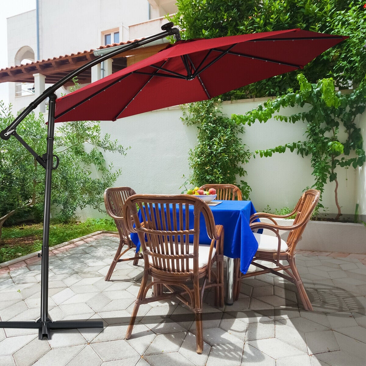 10 ft 360° Rotation Solar Powered LED Patio Offset Umbrella without Weight Base-Burgundy-Outdoor Umbrellas-DECOROLALA