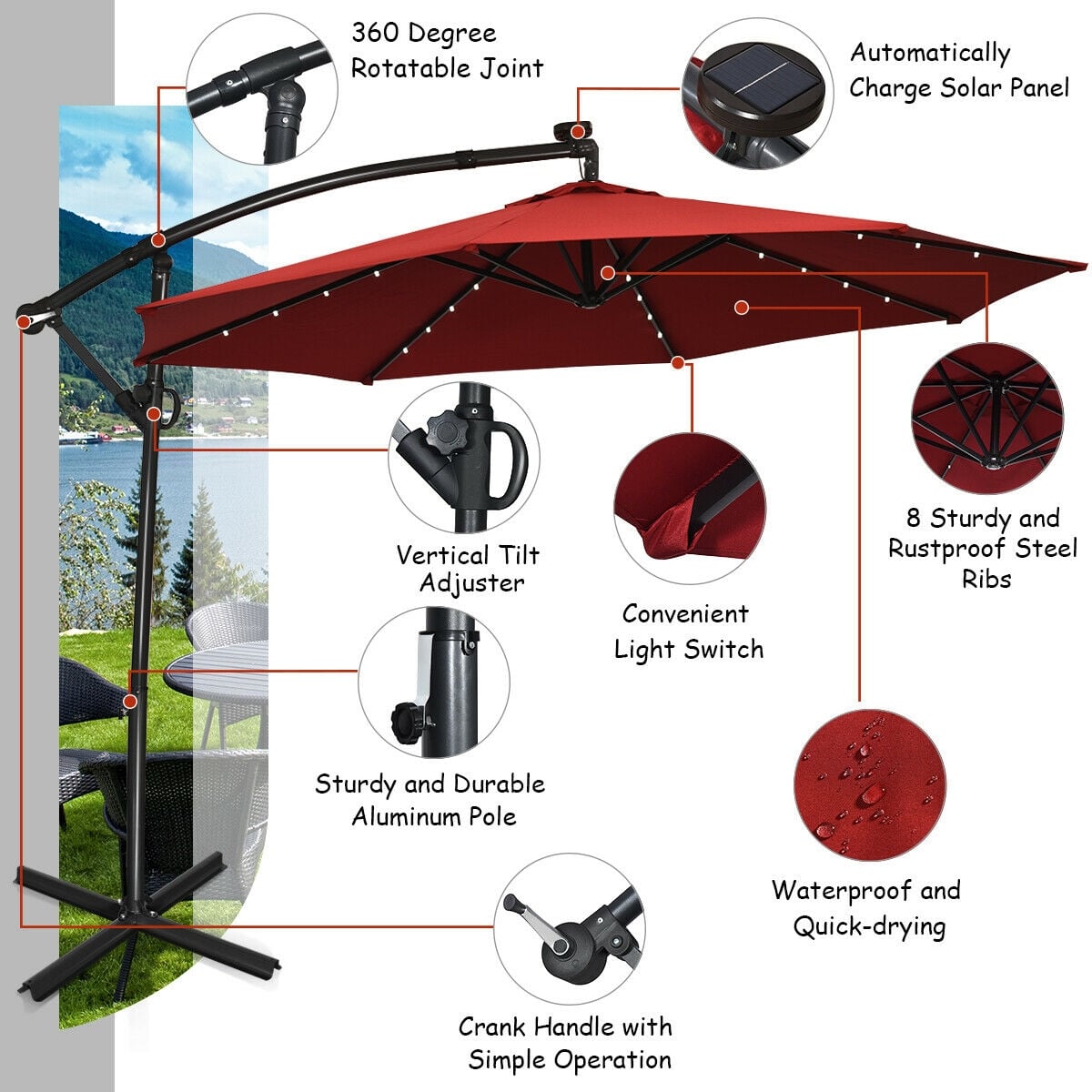 10 ft 360° Rotation Solar Powered LED Patio Offset Umbrella without Weight Base-Burgundy-Outdoor Umbrellas-DECOROLALA