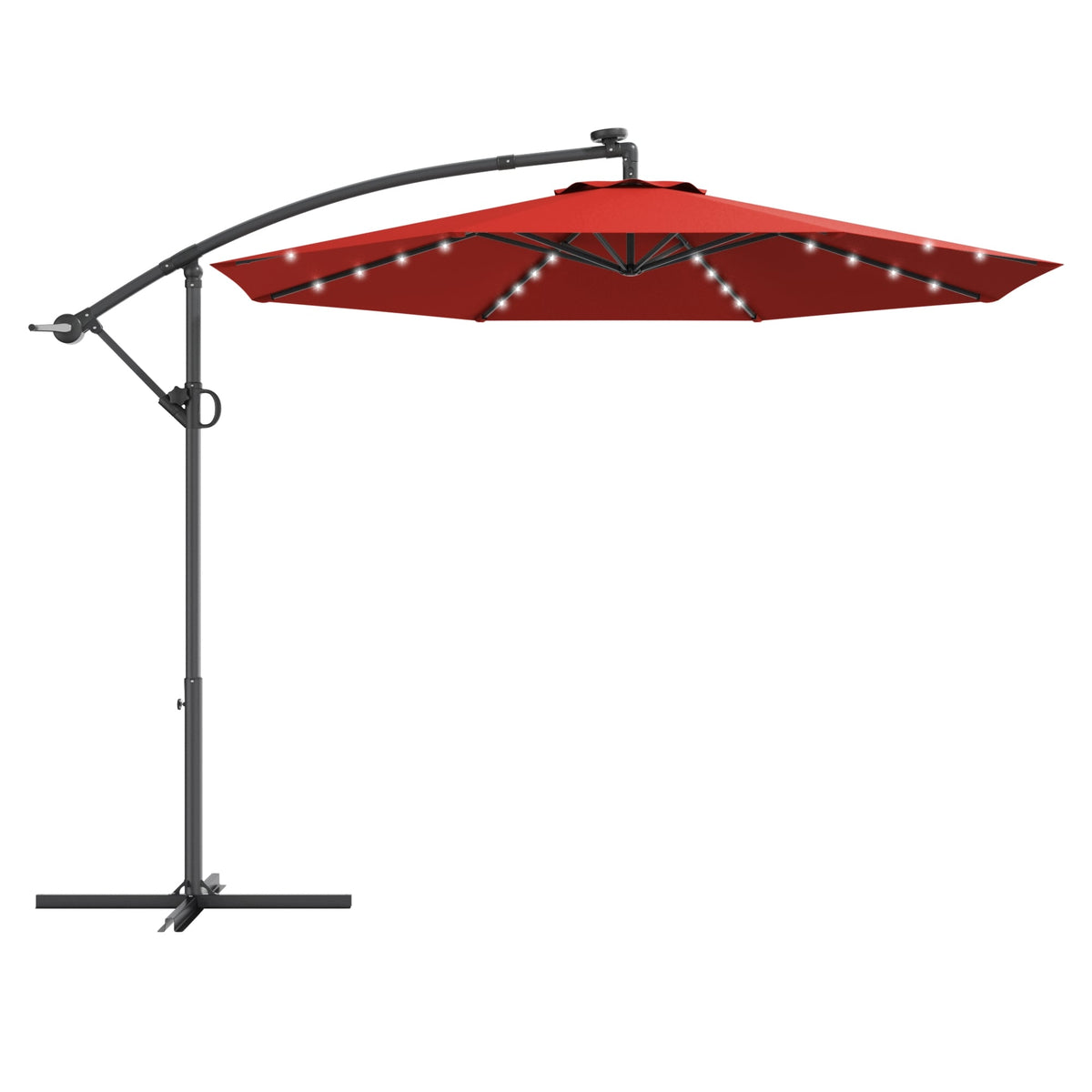 10 ft 360° Rotation Solar Powered LED Patio Offset Umbrella without Weight Base-Burgundy-Outdoor Umbrellas-DECOROLALA