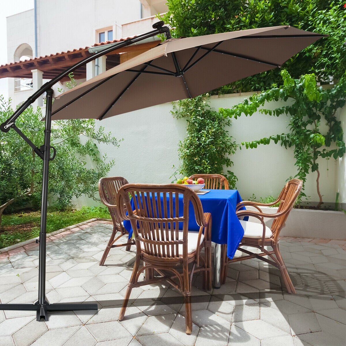 10 ft 360° Rotation Solar Powered LED Patio Offset Umbrella without Weight Base-Tan-Outdoor Umbrellas-DECOROLALA