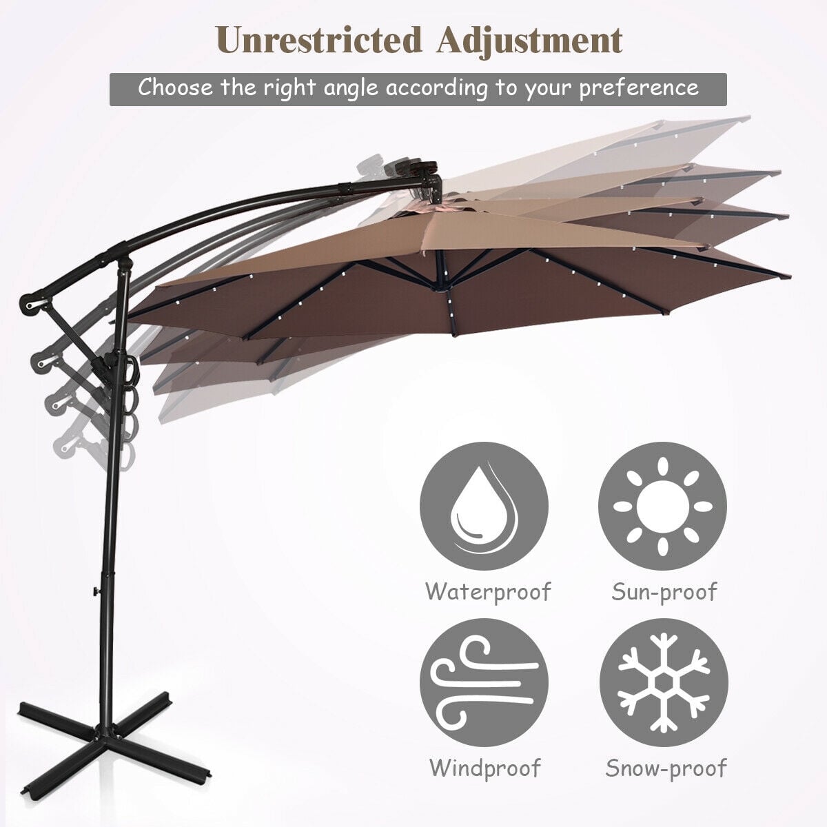 10 ft 360° Rotation Solar Powered LED Patio Offset Umbrella without Weight Base-Tan-Outdoor Umbrellas-DECOROLALA