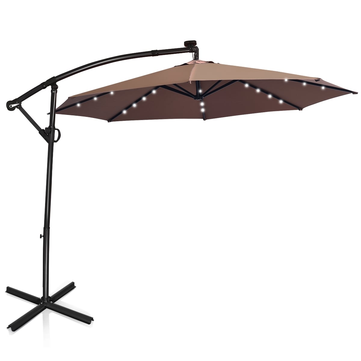 10 ft 360° Rotation Solar Powered LED Patio Offset Umbrella without Weight Base-Tan-Outdoor Umbrellas-DECOROLALA