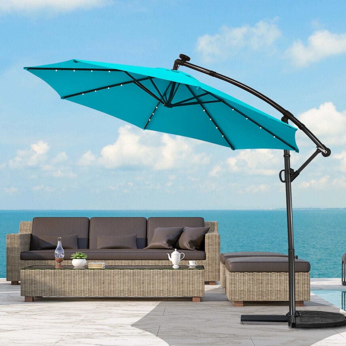 10 ft 360° Rotation Solar Powered LED Patio Offset Umbrella without Weight Base-Turquoise-Outdoor Umbrellas-DECOROLALA