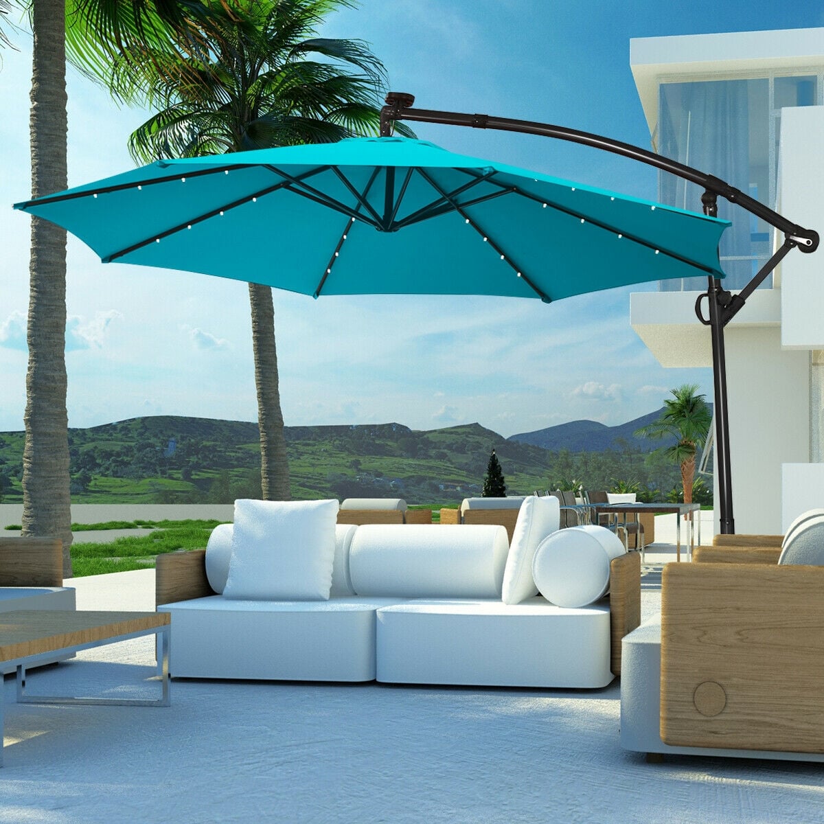 10 ft 360° Rotation Solar Powered LED Patio Offset Umbrella without Weight Base-Turquoise-Outdoor Umbrellas-DECOROLALA