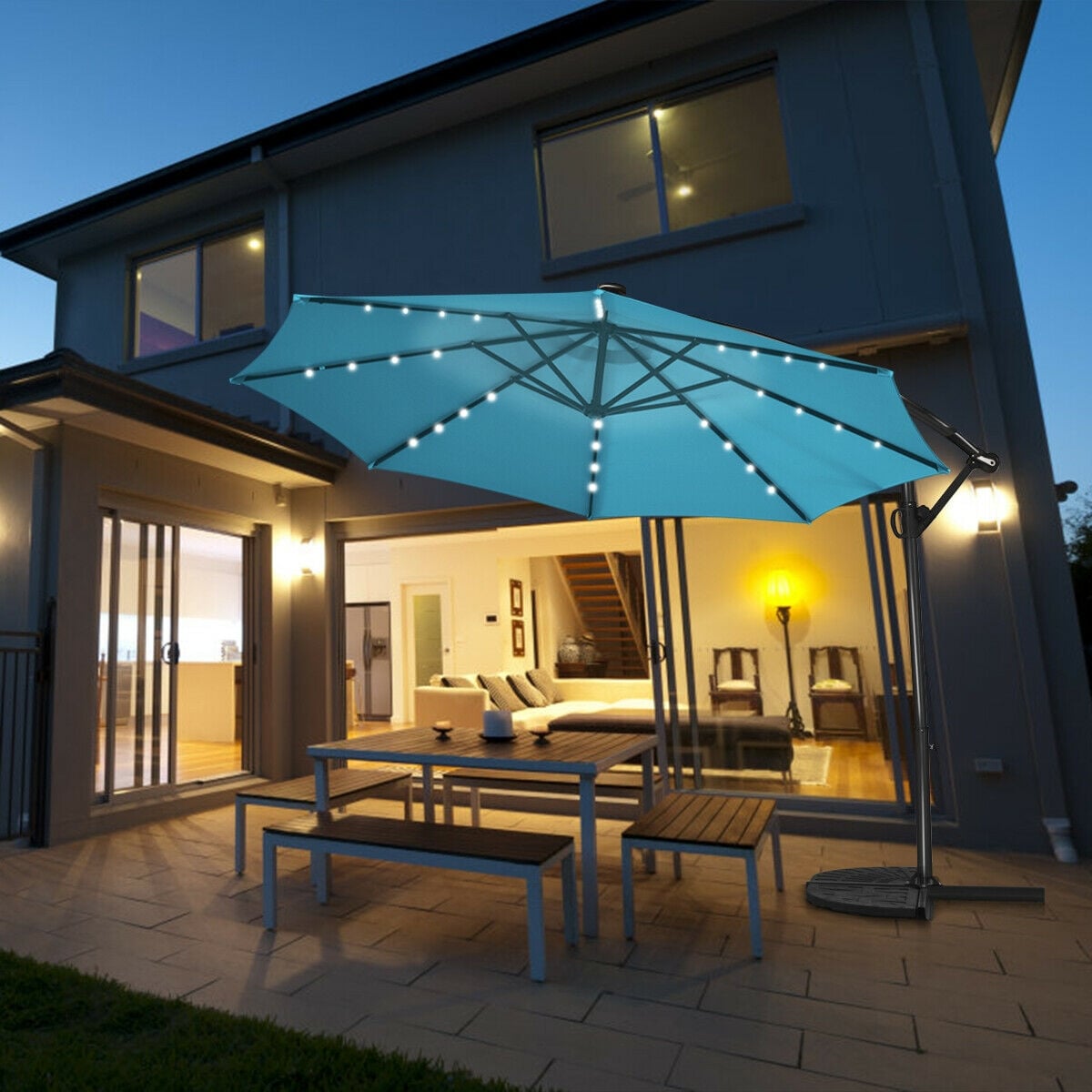 10 ft 360° Rotation Solar Powered LED Patio Offset Umbrella without Weight Base-Turquoise-Outdoor Umbrellas-DECOROLALA