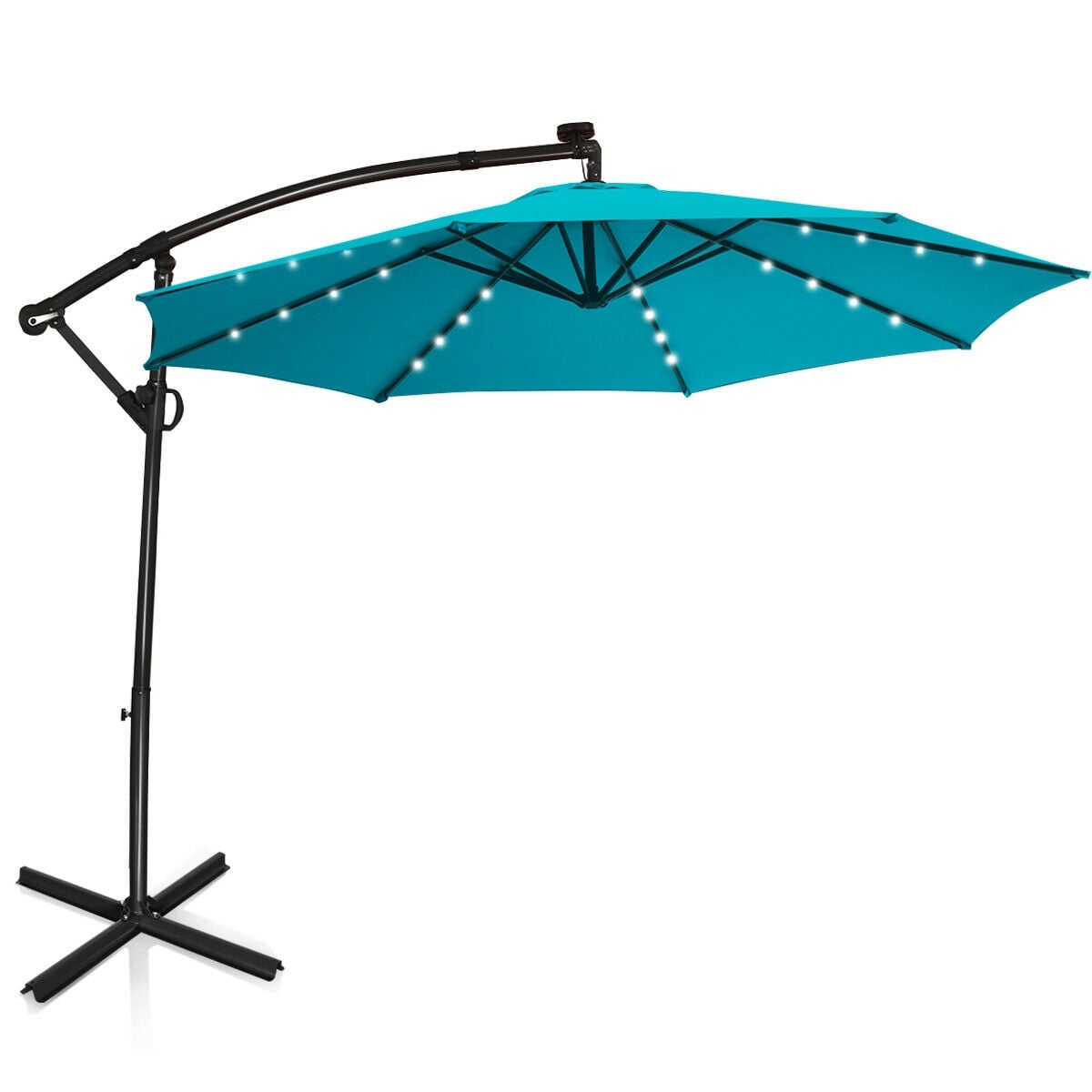 10 ft 360° Rotation Solar Powered LED Patio Offset Umbrella without Weight Base-Turquoise-Outdoor Umbrellas-DECOROLALA