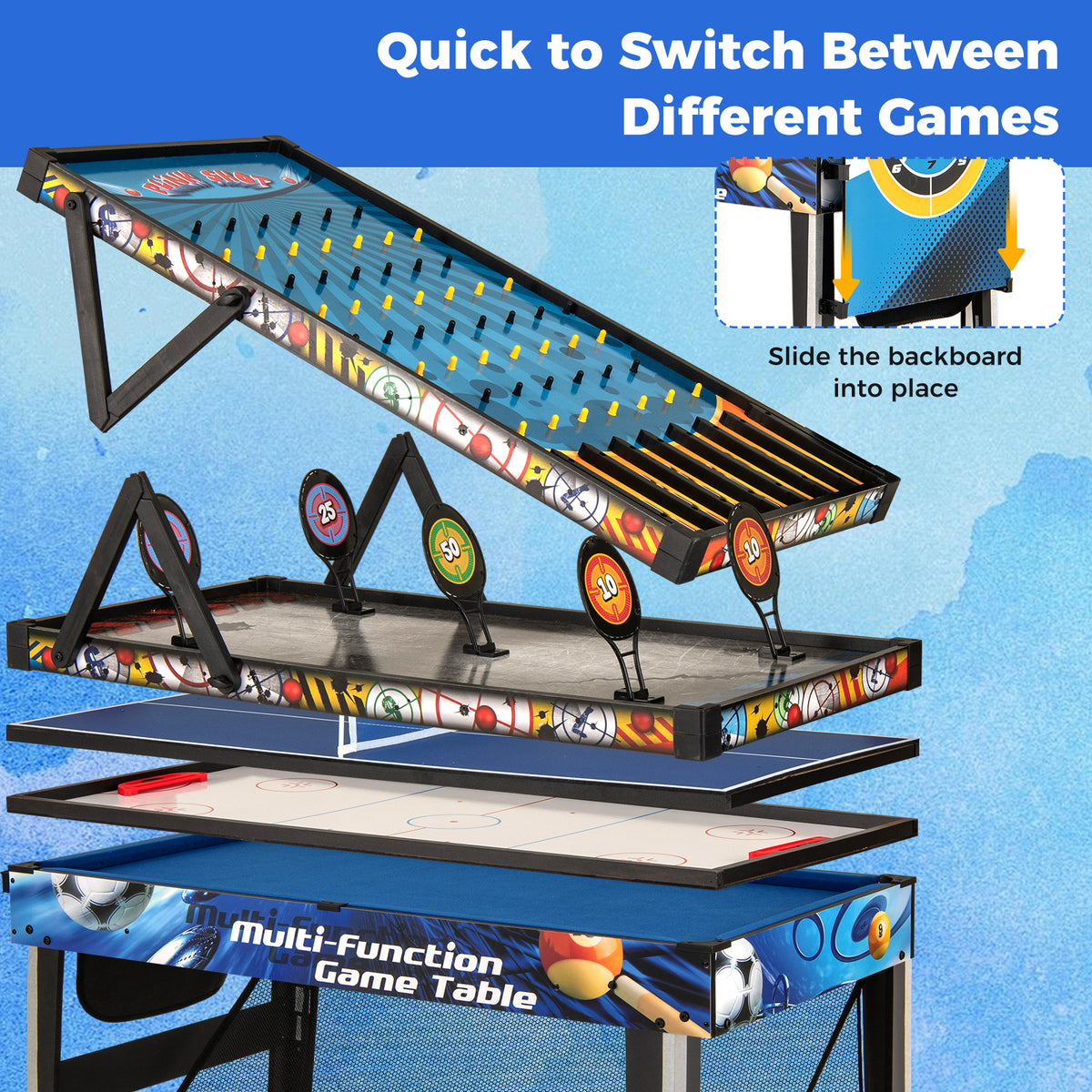 10-in-1 Combo Game Table Set - 48" Multi-Game Table, Blue/Black-Game Room Products-DECOROLALA