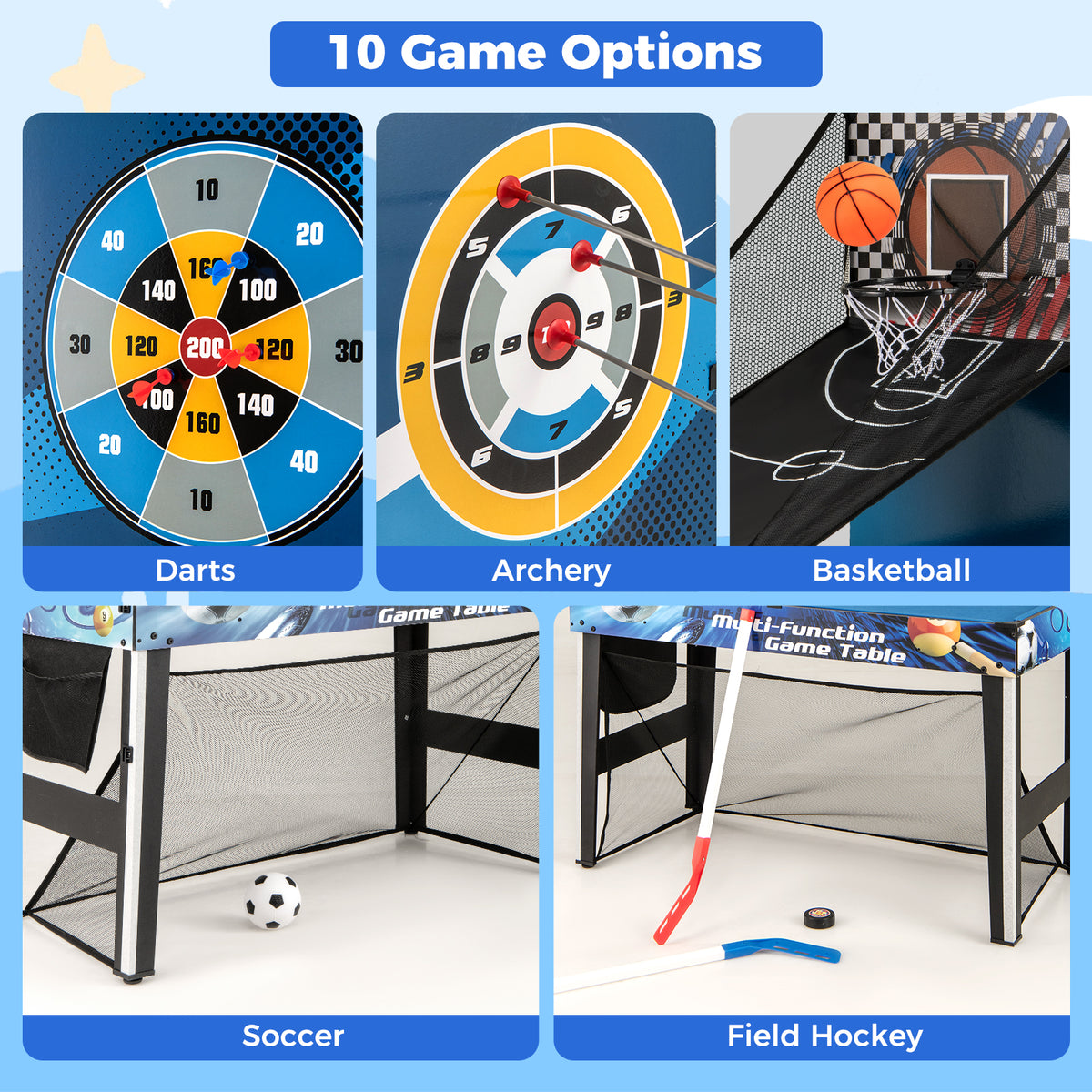 10-in-1 Combo Game Table Set - 48" Multi-Game Table, Blue/Black-Game Room Products-DECOROLALA