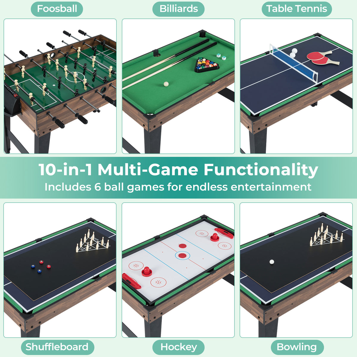 10-in-1 Combo Game Table Set - 50" Multi-Game Table, Brown/Black-Game Room Products-DECOROLALA