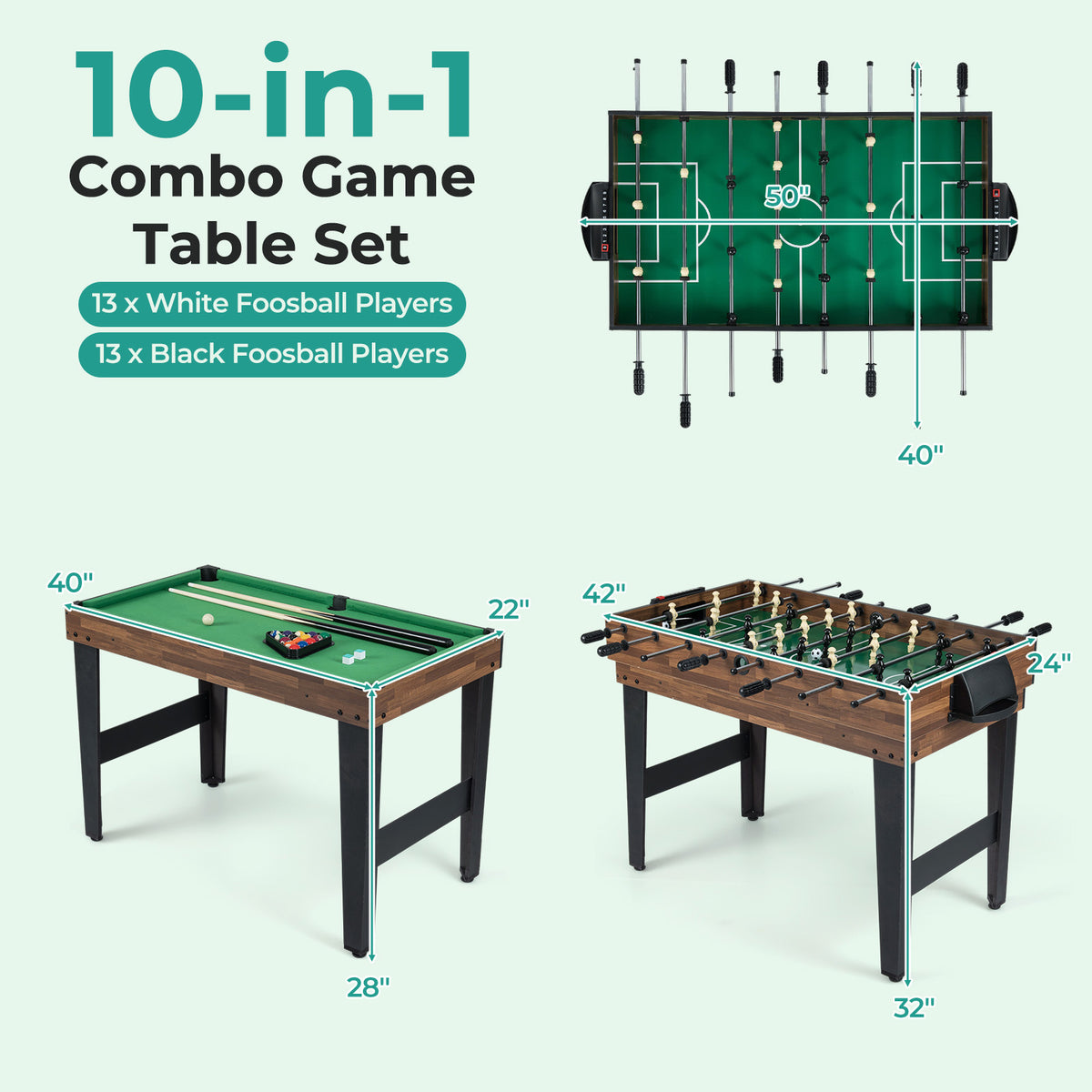 10-in-1 Combo Game Table Set - 50" Multi-Game Table, Brown/Black-Game Room Products-DECOROLALA