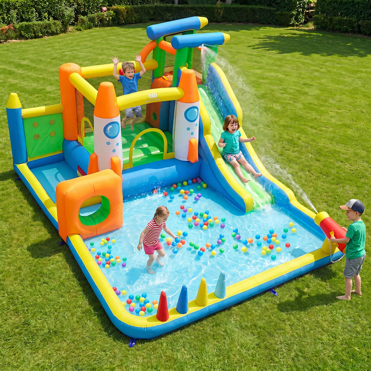 10-in-1 Inflatable Bounce House with Water Slide and 680W Blower-Inflatable Bounce Houses-DECOROLALA