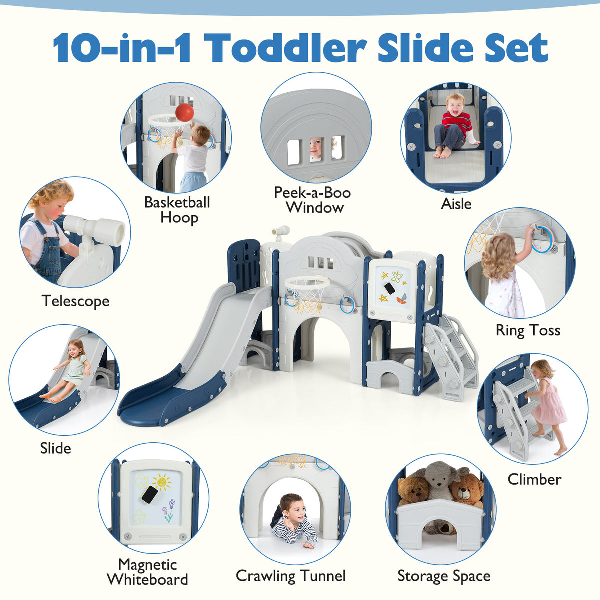 10-in-1 Toddler Slide and Climber Playset - Indoor Playground-Playground Climbers & Slides-DECOROLALA
