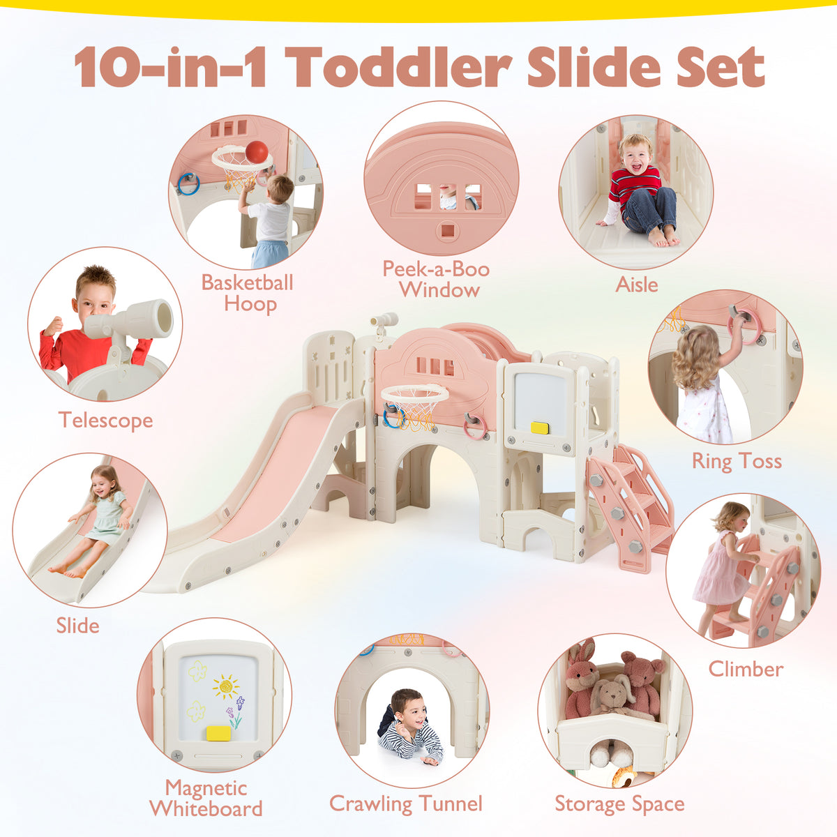 10-in-1 Toddler Slide and Climber Playset - Indoor Playground-Playground Climbers & Slides-DECOROLALA