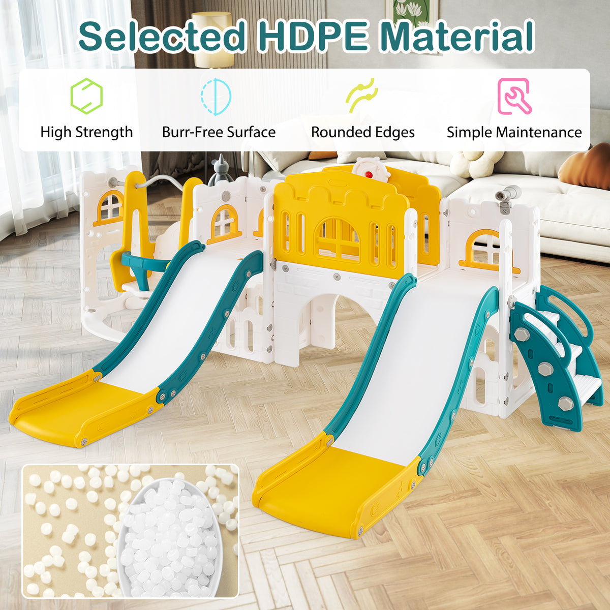 10-in-1 Toddler Slide and Swing Set with Tunnel and Basketball Hoop-Playground Climbers & Slides-DECOROLALA