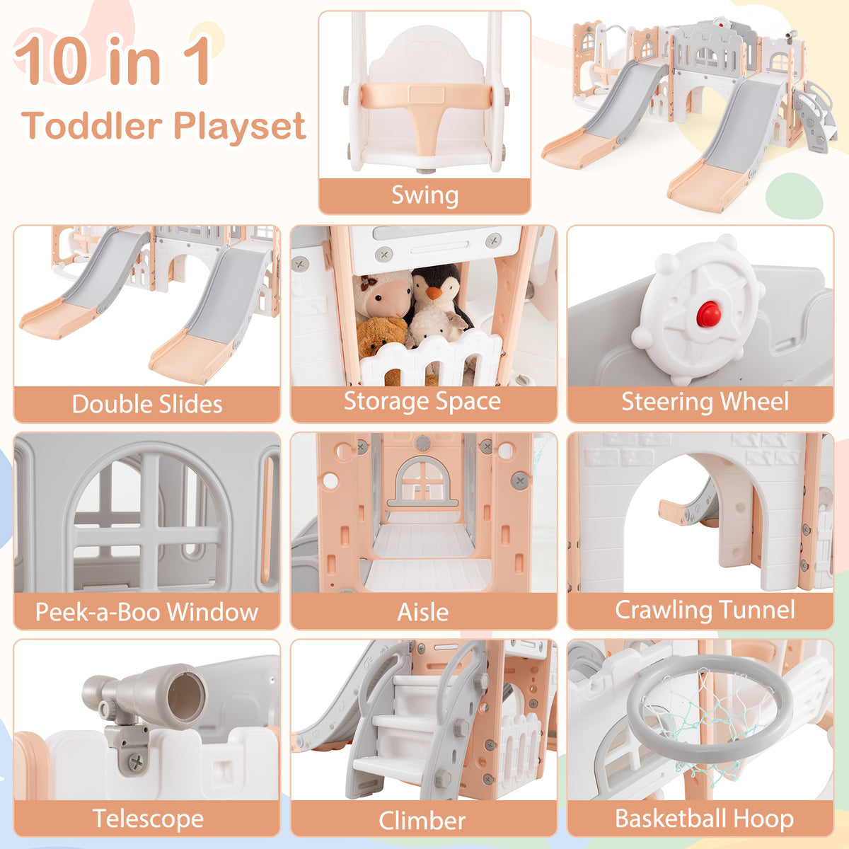 10-in-1 Toddler Slide and Swing Set with Tunnel and Basketball Hoop-Playground Climbers & Slides-DECOROLALA
