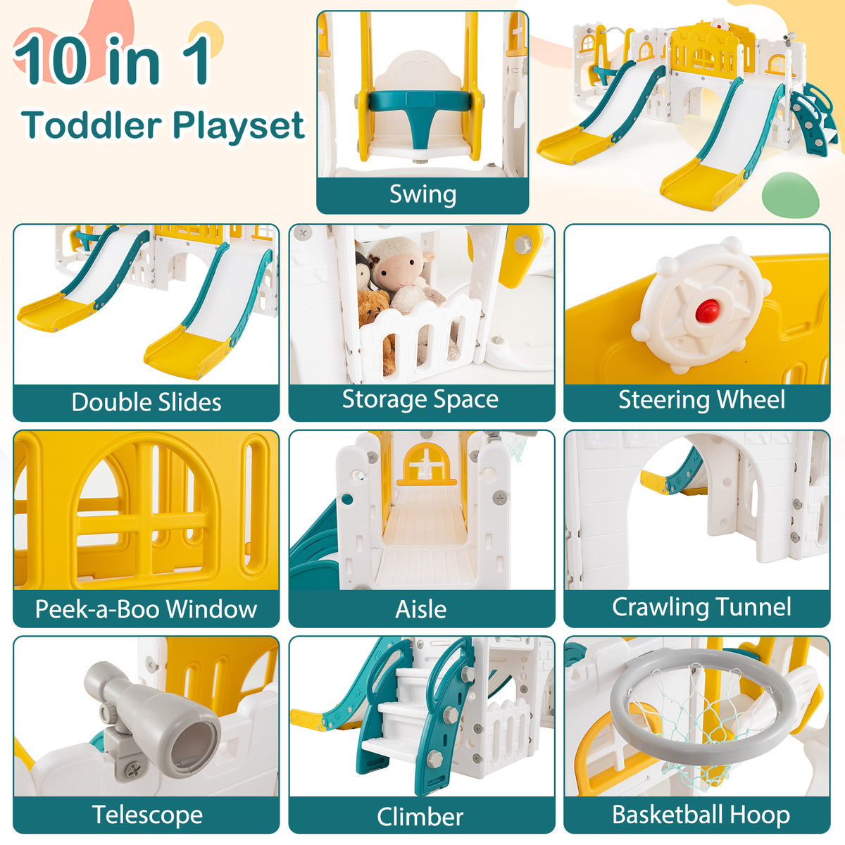 10-in-1 Toddler Slide and Swing Set with Tunnel and Basketball Hoop-Playground Climbers & Slides-DECOROLALA
