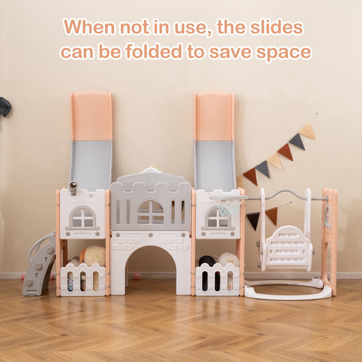 10-in-1 Toddler Slide and Swing Set with Tunnel and Basketball Hoop-Playground Climbers & Slides-DECOROLALA