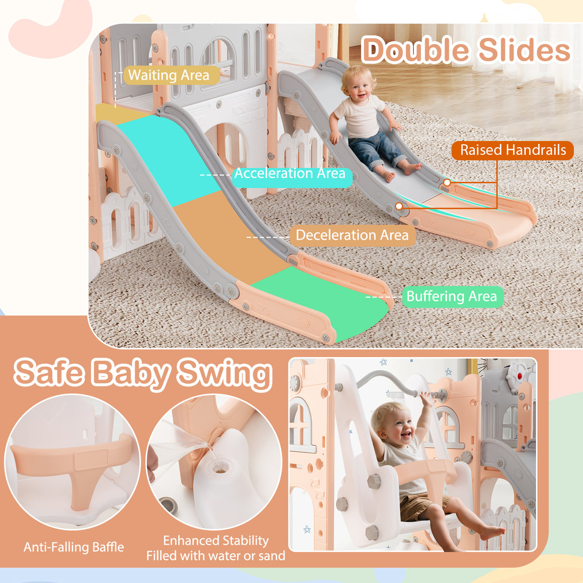 10-in-1 Toddler Slide and Swing Set with Tunnel and Basketball Hoop-Playground Climbers & Slides-DECOROLALA