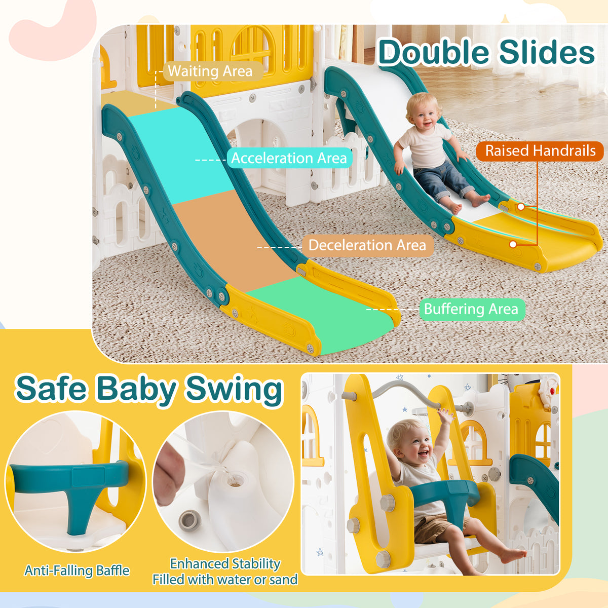 10-in-1 Toddler Slide and Swing Set with Tunnel and Basketball Hoop-Playground Climbers & Slides-DECOROLALA