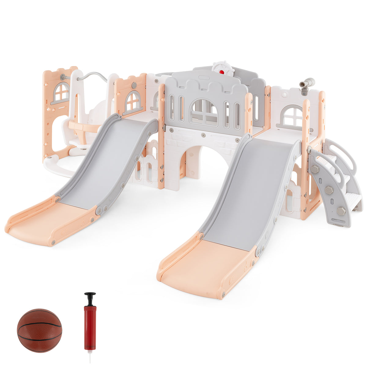 10-in-1 Toddler Slide and Swing Set with Tunnel and Basketball Hoop-Playground Climbers & Slides-DECOROLALA