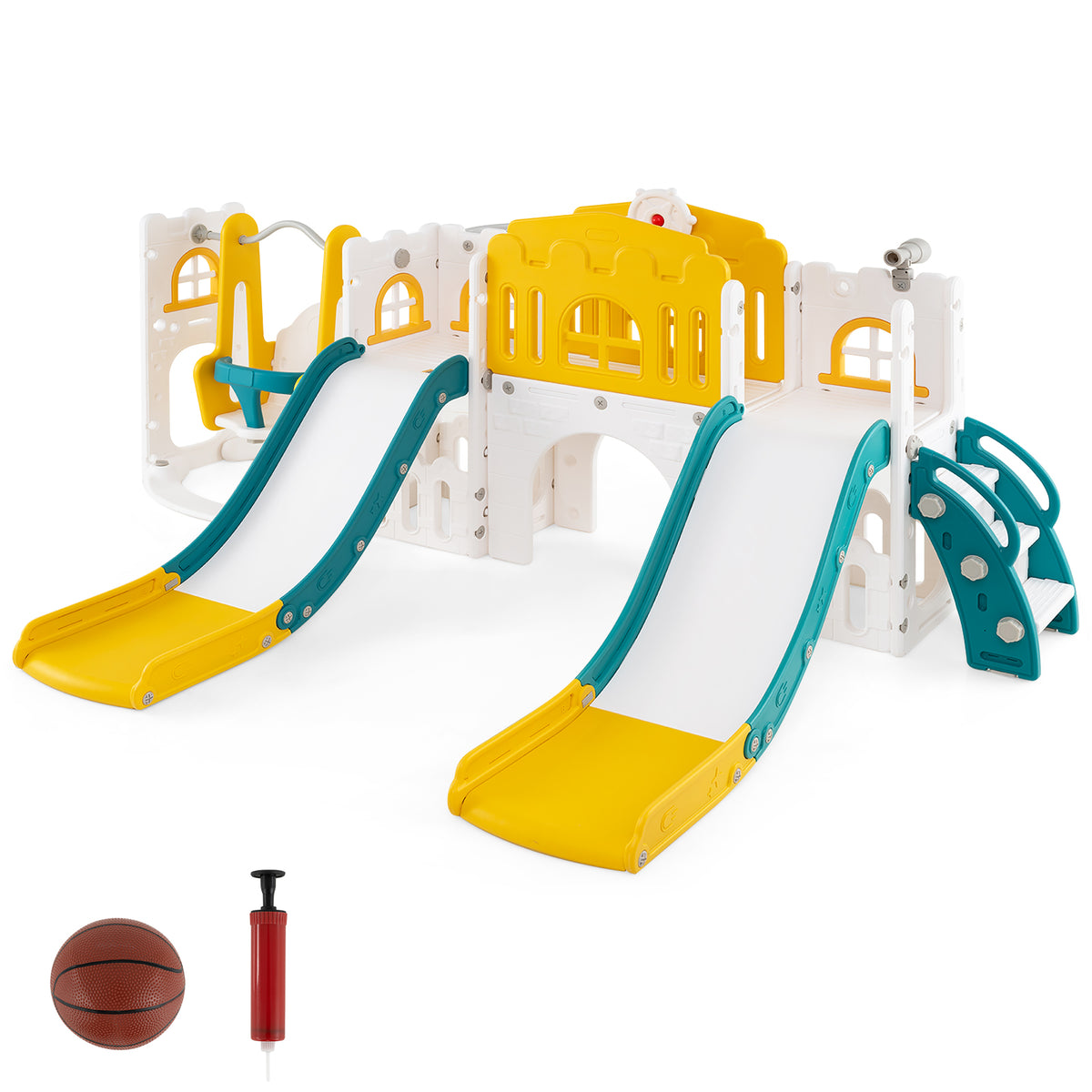 10-in-1 Toddler Slide and Swing Set with Tunnel and Basketball Hoop-Playground Climbers & Slides-DECOROLALA
