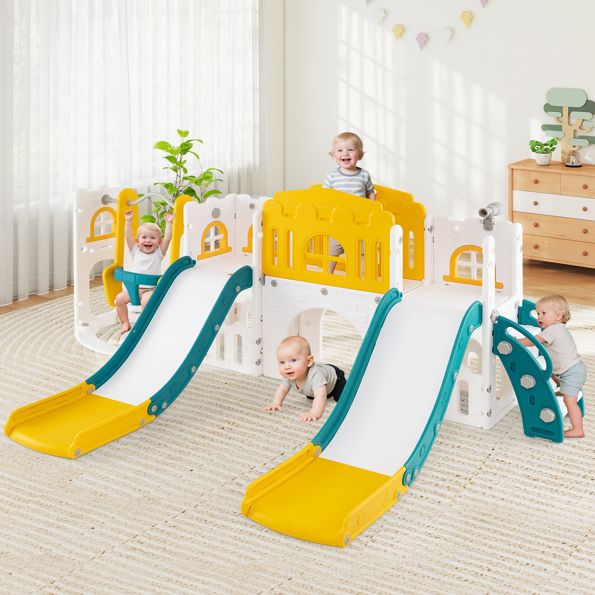 10-in-1 Toddler Slide and Swing Set with Tunnel and Basketball Hoop-Playground Climbers & Slides-DECOROLALA